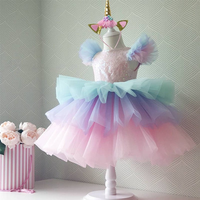 Girls Rainbow Unicorn Princess Dress Cake Layers Tutu